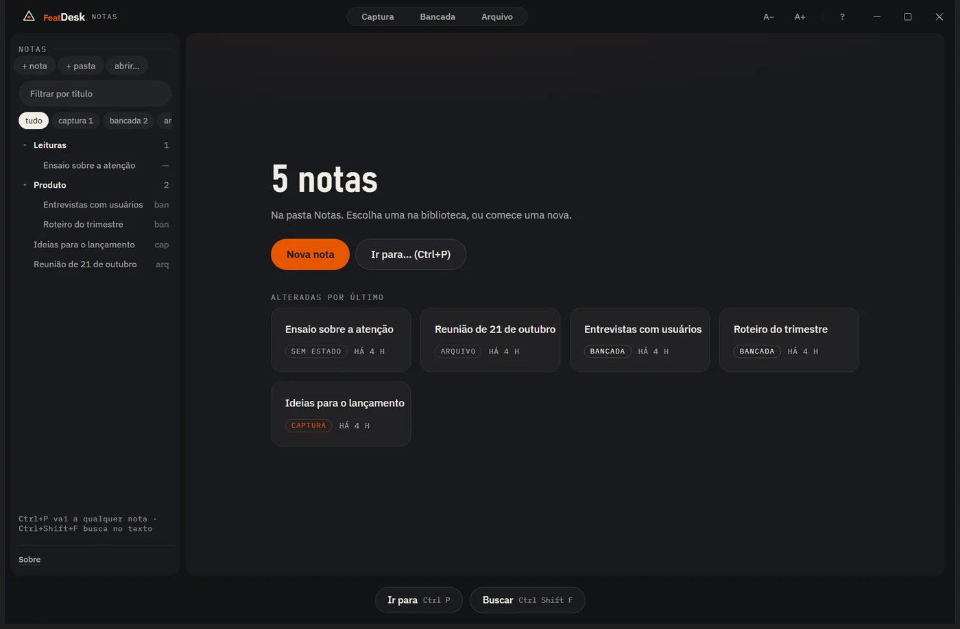 FeatDesk com cinco notas de demonstração, filtros por estado e a lista das alteradas por último