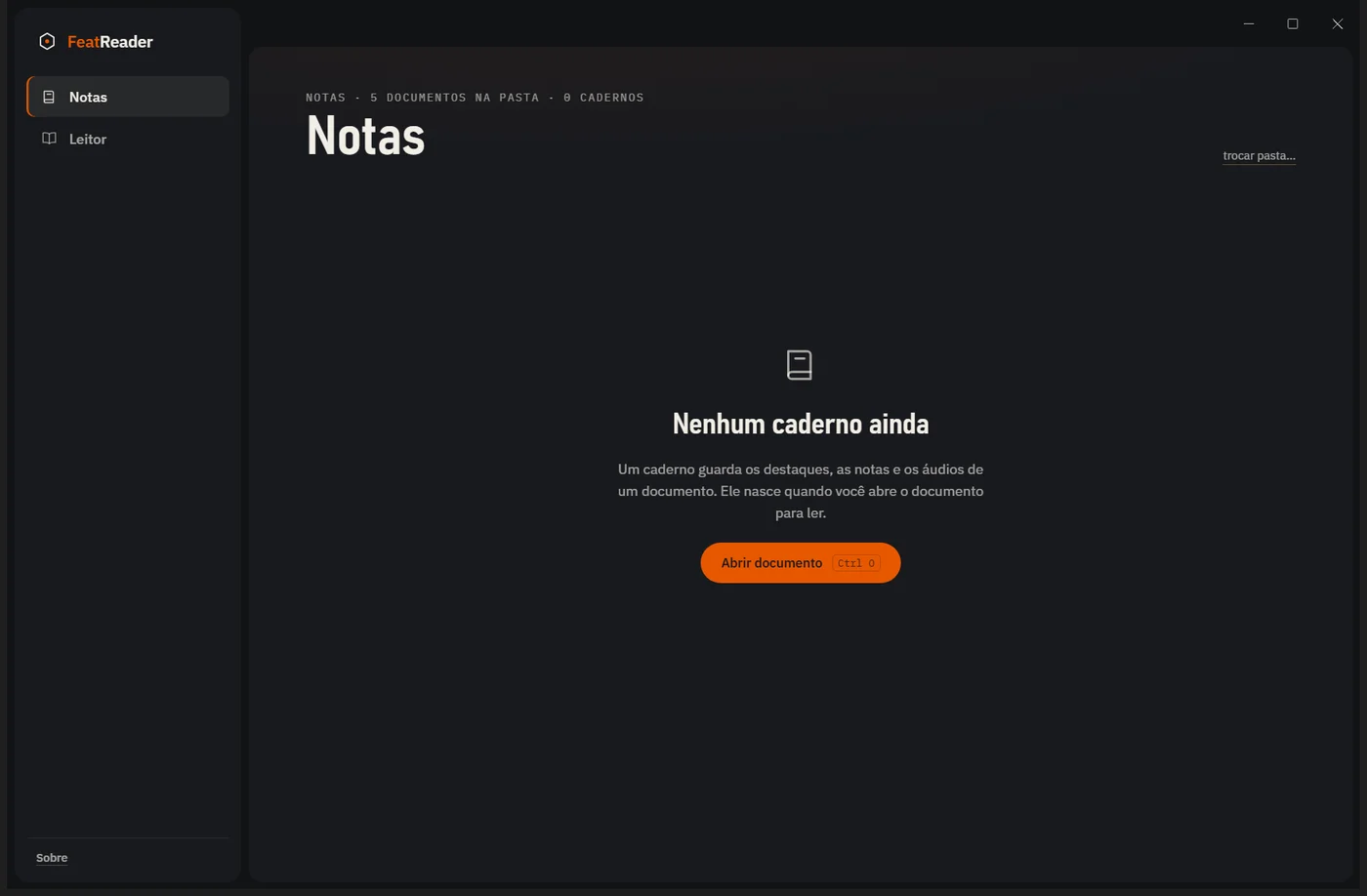 FeatReader na pasta de notas, pronto para abrir um documento e criar o caderno dele